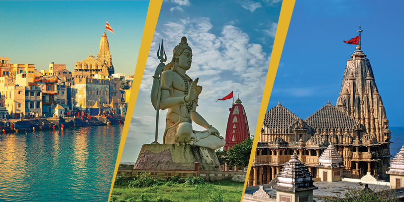 Pilgrims visiting the majestic Dwarkadhish Temple in Dwarka during sunset on a spiritual tour