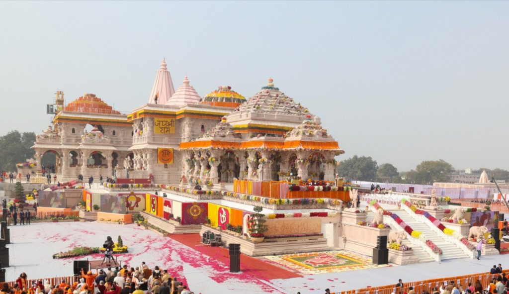 Ram Mandir in Ayodhya decorated with traditional floral garlands and religious adornments during a festival