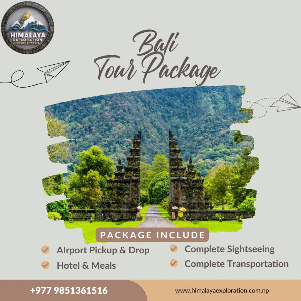 Bali tour package featuring lush rice terraces, tropical landscape, and cultural sites in Bali, Indonesia