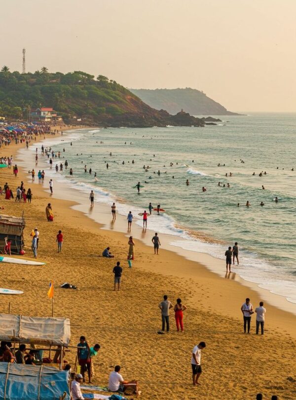 People enjoying sunbathing, swimming, and beach activities on a sunny Goan beach
