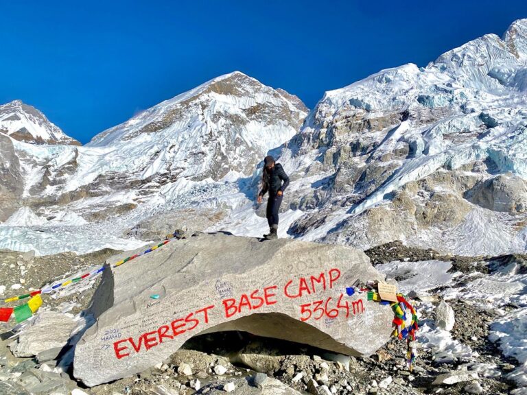 Trekker standing at Everest Base Camp with Mount Everest towering in the background