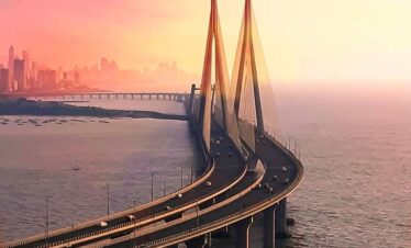 Mumbai’s sea bridge stretching across the ocean with city skyline in the background