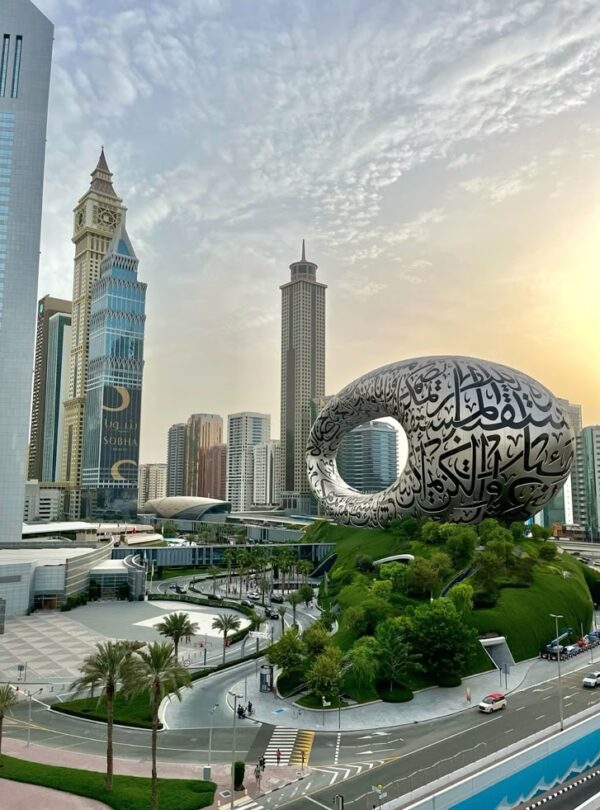 Futuristic exterior of the Museum of the Future building in Dubai with its unique architectural design