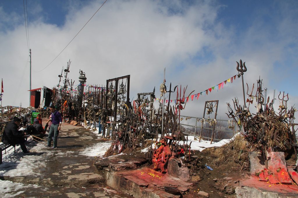 Front view of Kalinchowk Bhagwati Temple in winter
