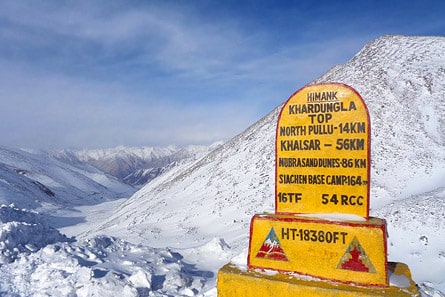 Snow-covered Khardung La Pass, one of the highest motorable roads in the world, in Ladakh, India