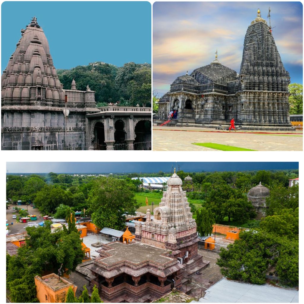 Three sacred Jyotirlinga temples of Maharashtra – Bhimashankar, Trimbakeshwar, and Grishneshwar – spiritual pilgrimage sites for devotees.