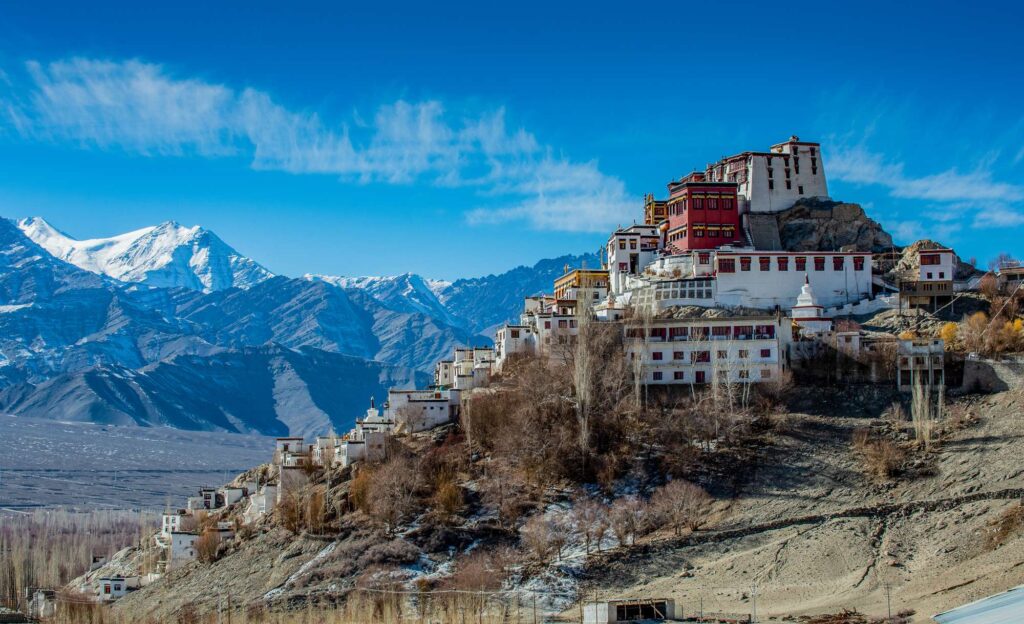 Thiksey Gompa monastery perched on a hill with panoramic views of Leh and surrounding mountains in Ladakh