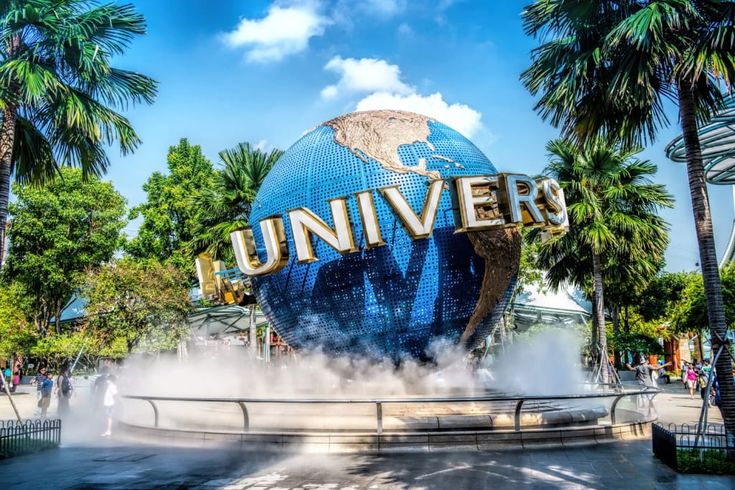 Entrance of Universal Studios Singapore with colorful signage and themed attractions