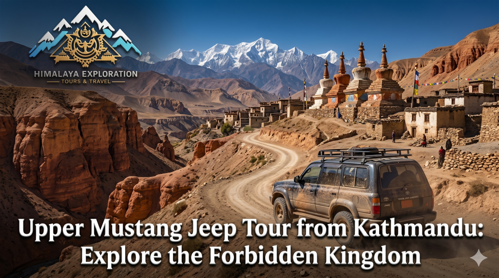 A 4x4 jeep drives on a dusty road toward the snowy mountains and ancient stone structures of the Forbidden Kingdom, representing the Upper Mustang jeep tour from Kathmandu.