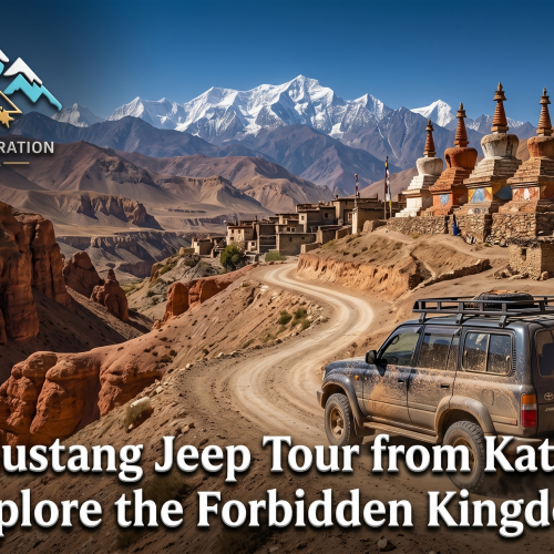 A 4x4 jeep drives on a dusty road toward the snowy mountains and ancient stone structures of the Forbidden Kingdom, representing the Upper Mustang jeep tour from Kathmandu.
