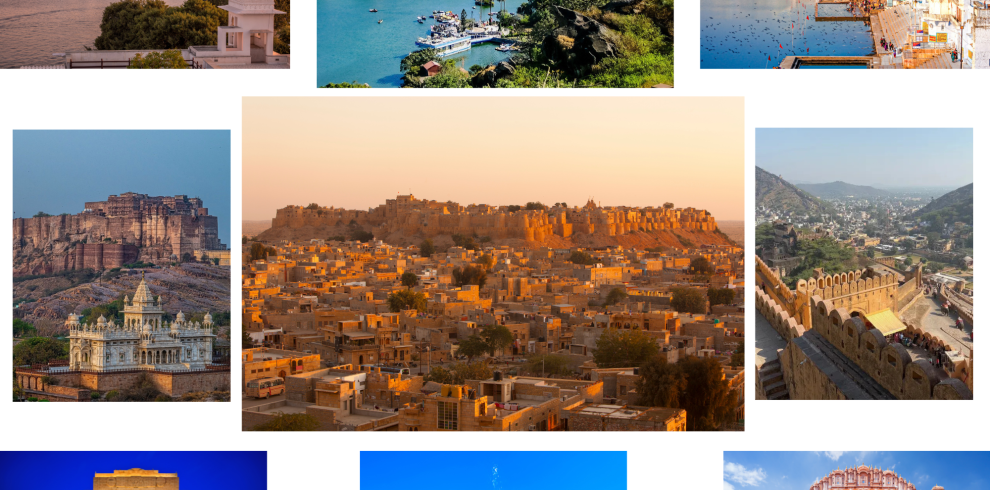 India heritage landmarks including Taj Mahal Jaipur Amber Fort Jaisalmer Fort and Delhi monuments featured in Rajasthan Golden Triangle tour