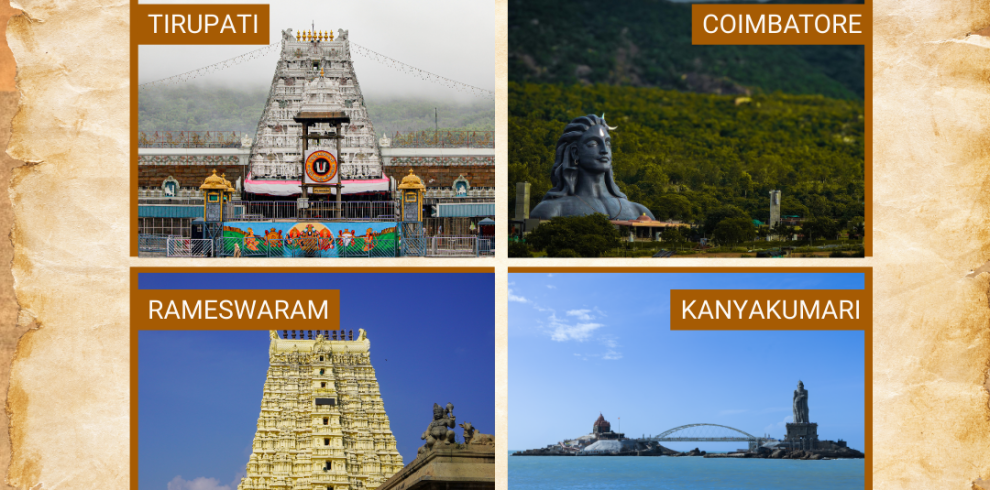 South India Temple Tour covering Tirupati Balaji Temple, Rameshwaram Jyotirlinga, Meenakshi Temple Madurai and Kanyakumari pilgrimage destinations