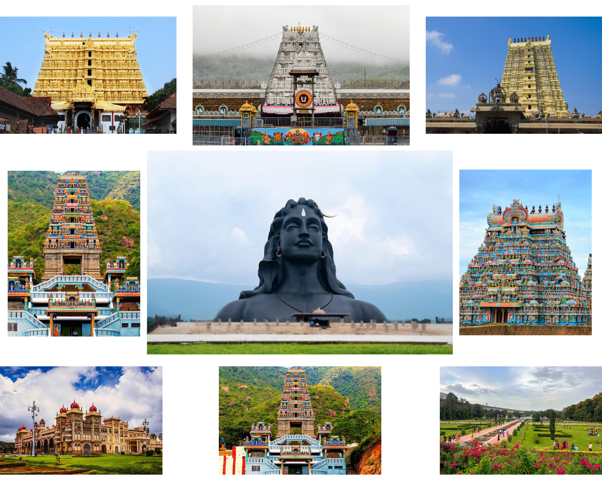 Diverse South India mix tour featuring Bangalore, Tirupati, Mysuru, Coimbatore, Madurai, Rameshwaram, Kanyakumari, and Kerala.