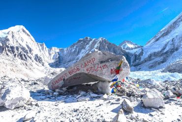 Everest Base Camp trek with panoramic Himalayan mountain views and trekkers walking toward Mount Everest