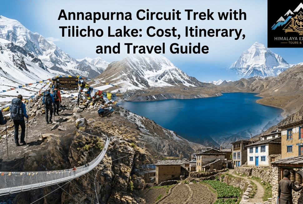 A feature image for a travel blog post titled 'Annapurna Circuit Trek with Tilicho Lake: Cost, Itinerary, and Travel Guide'.