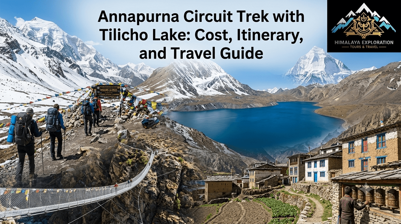 A feature image for a travel blog post titled 'Annapurna Circuit Trek with Tilicho Lake: Cost, Itinerary, and Travel Guide'.