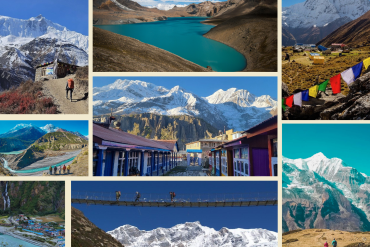 Annapurna Circuit Trek trail with snow-capped Himalayas, scenic mountain landscapes and trekking route in Nepal