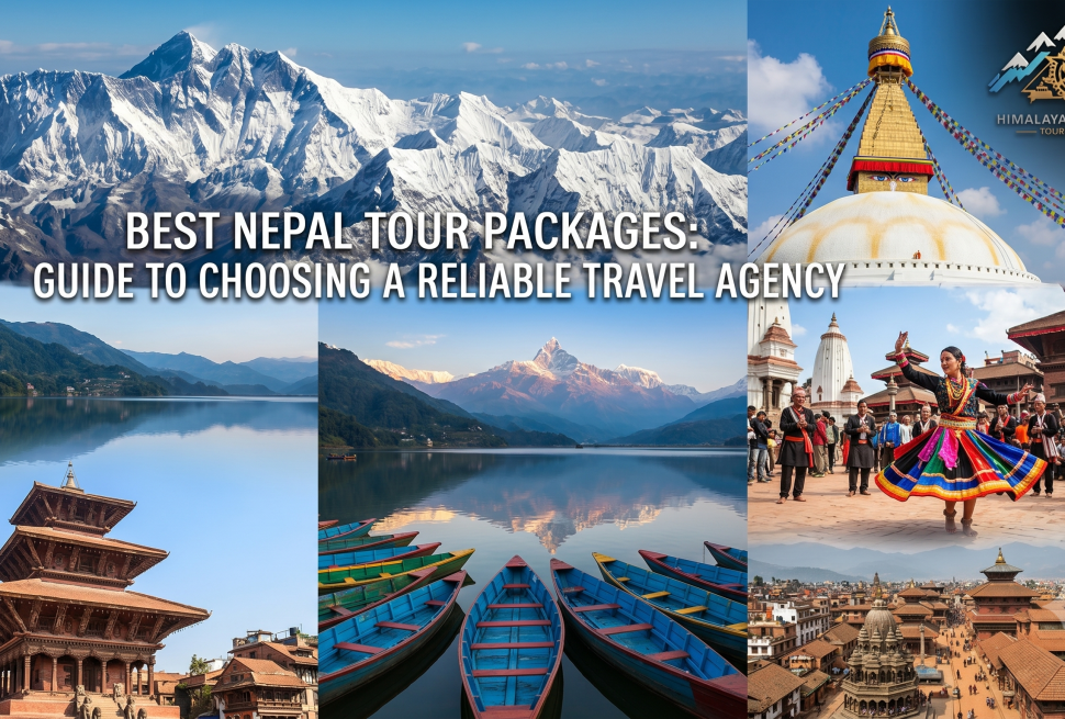 A visual collage showcasing the best Nepal tour packages, including Mount Everest, iconic stupas, Pokhara lakes, and cultural sites, from Himalaya Exploration Tours & Travel.