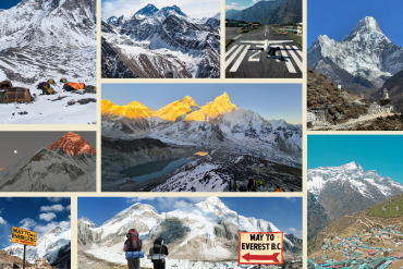 Everest Base Camp Trek Nepal scenic view with Mount Everest, Khumbu Glacier, and trekkers walking towards base camp