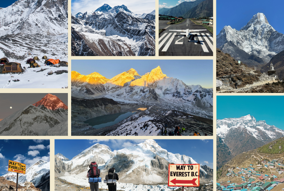 Everest Base Camp Trek Nepal scenic view with Mount Everest, Khumbu Glacier, and trekkers walking towards base camp