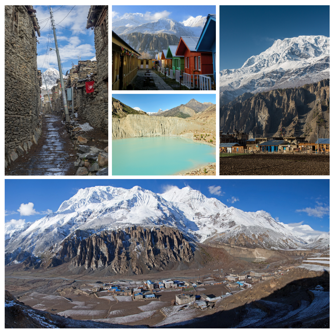 A collage of Manang Nepal showing stone alleys, Gangapurna Lake, colorful mountain huts, and a panoramic view of the village under snow-capped peaks during Manang Jeep Tour