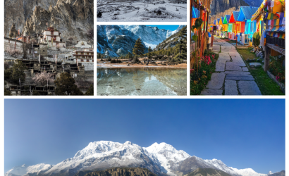 Collage of Manang featuring a hillside monastery, snow-covered terraces, reflective glacial pools, and colorful local lodges during Manang Tour Package