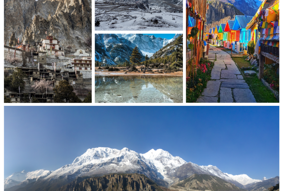 Collage of Manang featuring a hillside monastery, snow-covered terraces, reflective glacial pools, and colorful local lodges during Manang Tour Package