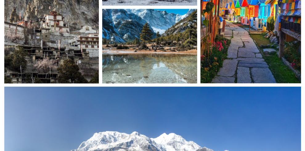 Collage of Manang featuring a hillside monastery, snow-covered terraces, reflective glacial pools, and colorful local lodges during Manang Tour Package