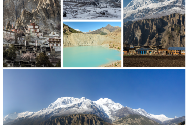 Panoramic view of Manang village nestled under the snow-capped peaks of the Annapurna mountain range view during Manang Tour Package From Kathmandu.