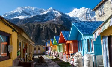 Scenic view of Manang Valley with Himalayan mountains in the background, Annapurna Circuit, Nepal.