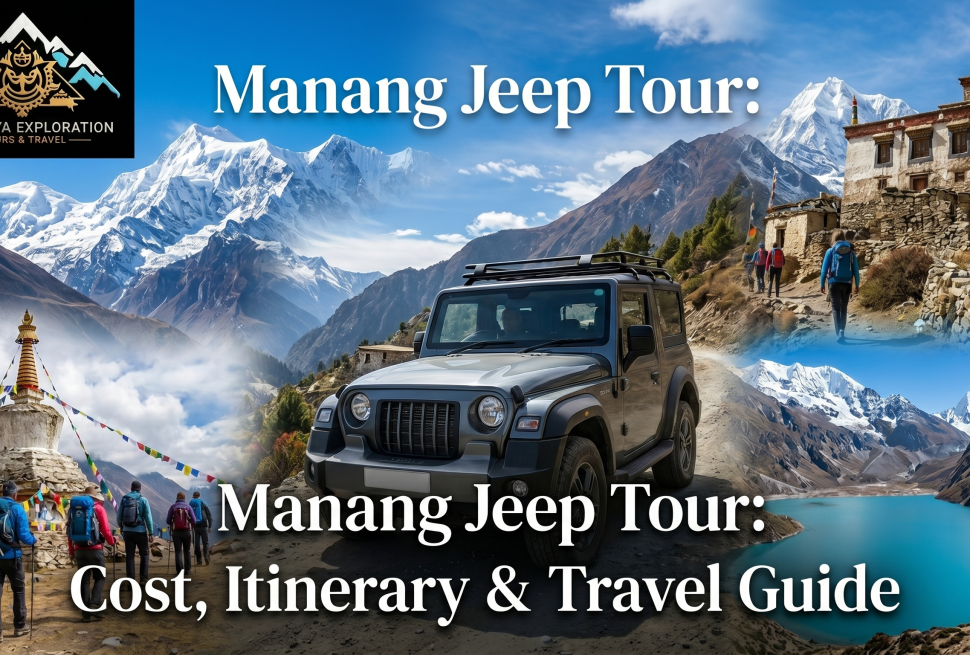 Manang Jeep Tour in Nepal with a 4WD vehicle driving through the Himalayan mountain road, showcasing stunning landscapes, villages, and Annapurna region scenery.