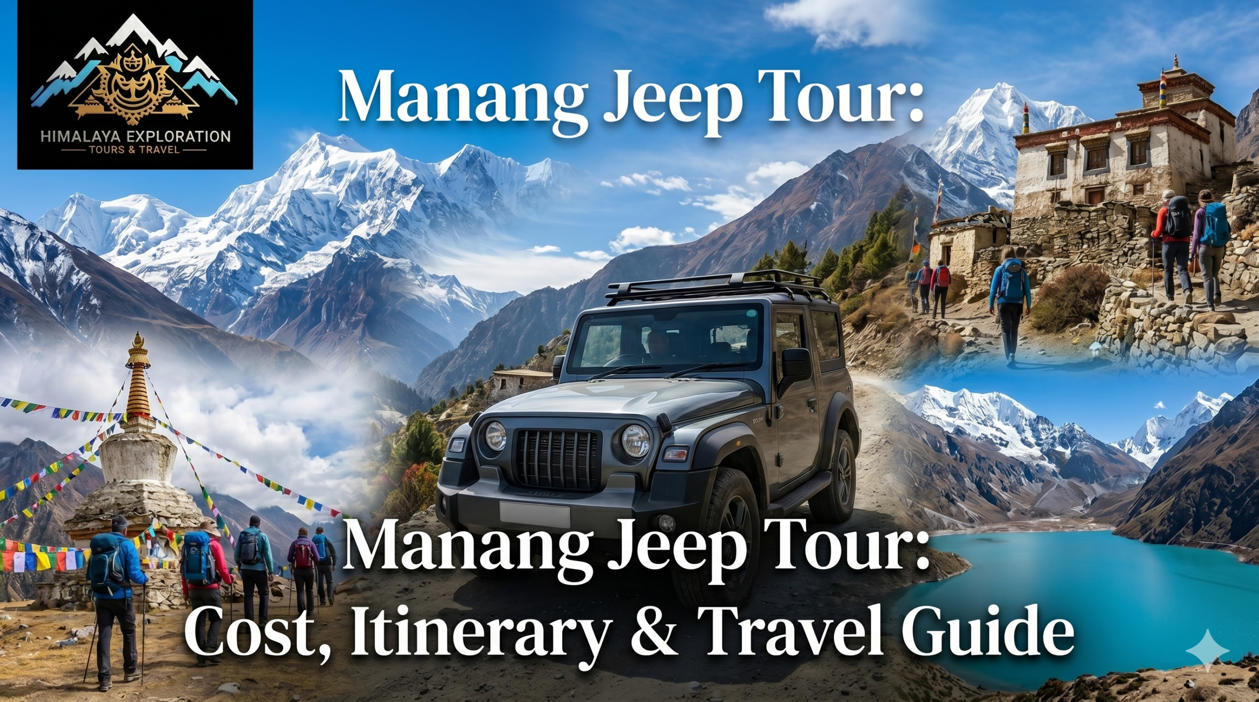 Manang Jeep Tour in Nepal with a 4WD vehicle driving through the Himalayan mountain road, showcasing stunning landscapes, villages, and Annapurna region scenery.