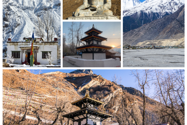 he sacred Muktinath Temple complex in Mustang featuring the Buddha statue and pagoda-style architecture against a mountain backdrop at Muktinath Tour Package From Kathmandu.
