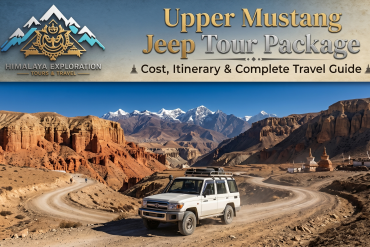A white 4x4 jeep driving along a winding dirt road through the rugged, arid red cliffs of Upper Mustang during upper mustang jeep tour package.