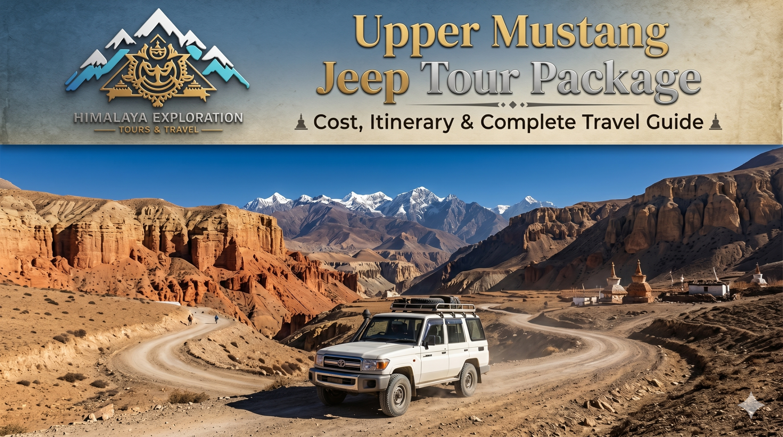 A white 4x4 jeep driving along a winding dirt road through the rugged, arid red cliffs of Upper Mustang during upper mustang jeep tour package.
