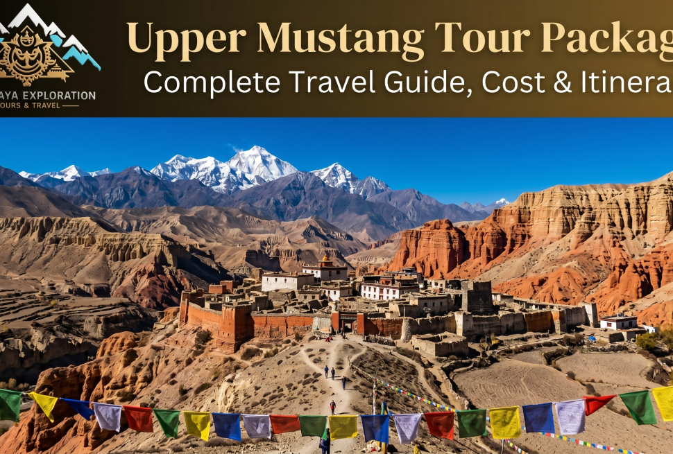 Feature image for Upper Mustang Tour Package showing the ancient walled city of Lo Manthang, arid mountain landscapes, snow-capped Himalayas which can be visited at Upper Mustang Tour Package