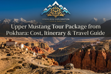 Scenic landscape of Upper Mustang showing ancient monasteries, red cliffs, a 4x4 jeep on a dirt trail, and snow-capped Himalayas during Upper Mustang tour Package From pokhara