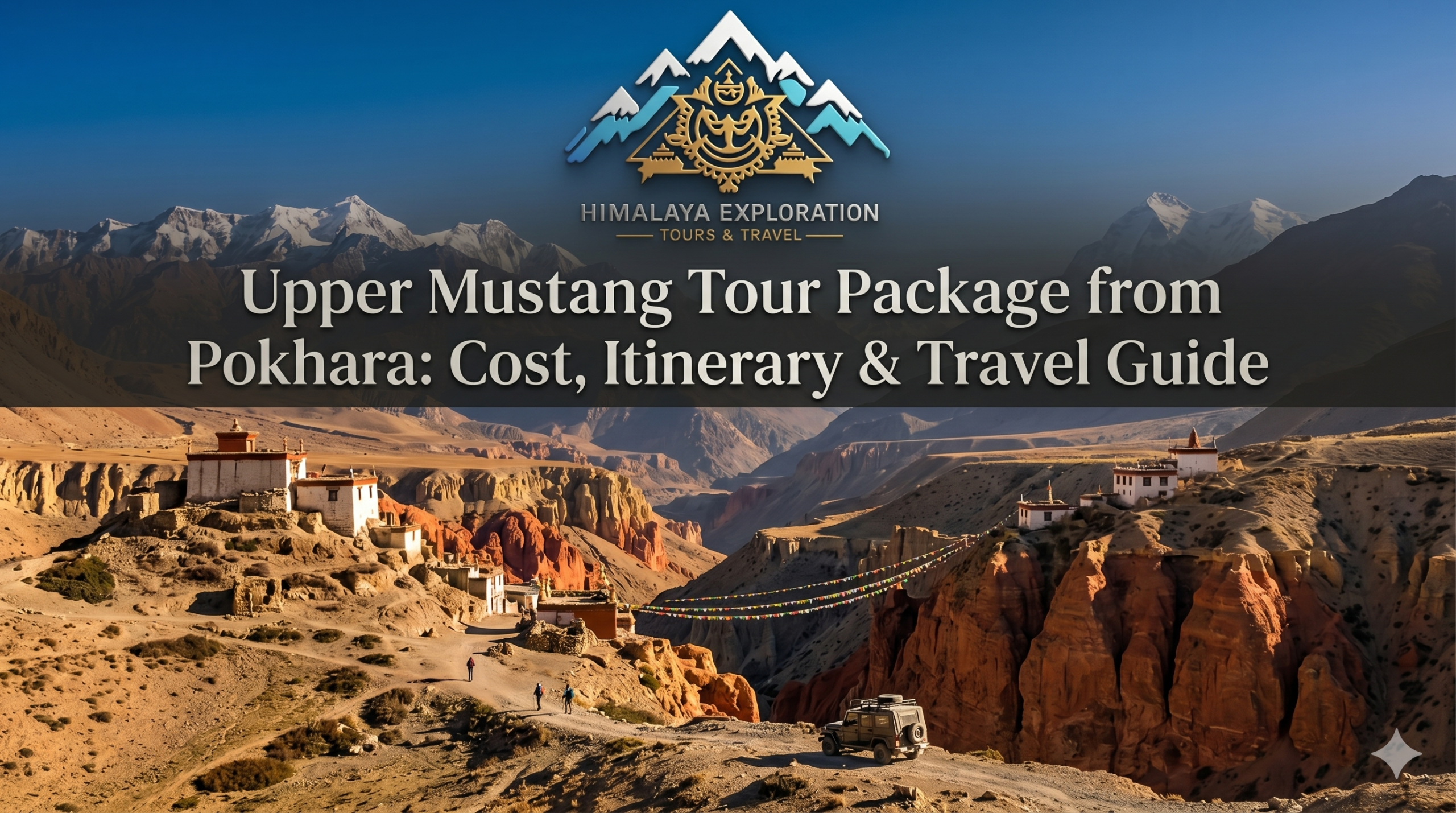 Scenic landscape of Upper Mustang showing ancient monasteries, red cliffs, a 4x4 jeep on a dirt trail, and snow-capped Himalayas during Upper Mustang tour Package From pokhara