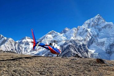Everest Base Camp Trek with helicopter return flight over Himalayas with aerial view of Everest and Khumbu region