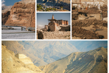 A 4x4 Mahindra Scorpio jeep driving on a rugged mountain road toward Lo Manthang in Upper Mustang Nepal with Upper Mustang Jeep Tour.