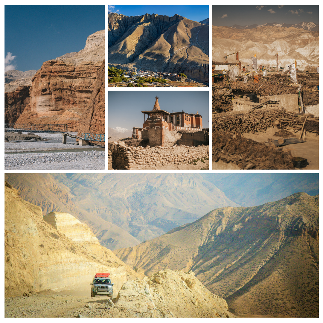 A 4x4 Mahindra Scorpio jeep driving on a rugged mountain road toward Lo Manthang in Upper Mustang Nepal with Upper Mustang Jeep Tour.