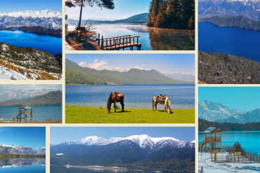 Rara Lake Nepal scenic view with crystal clear water, surrounding pine forest and snow-capped mountains in Mugu district