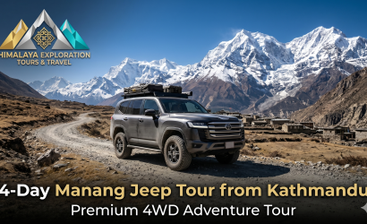A premium 4WD Land Cruiser driving on a rugged mountain road with snow-capped Himalayan peaks in the background for the 4-Day Manang Jeep Tour from Kathmandu