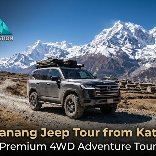 A premium 4WD Land Cruiser driving on a rugged mountain road with snow-capped Himalayan peaks in the background for the 4-Day Manang Jeep Tour from Kathmandu