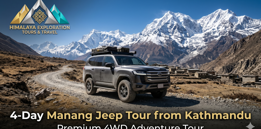 A premium 4WD Land Cruiser driving on a rugged mountain road with snow-capped Himalayan peaks in the background for the 4-Day Manang Jeep Tour from Kathmandu