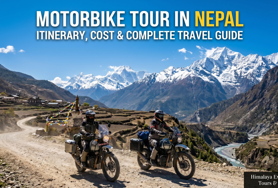 Two adventure riders on a motorbike tour in Nepal with the scenic, snow-capped Himalayan mountains and a winding dirt road in the background.