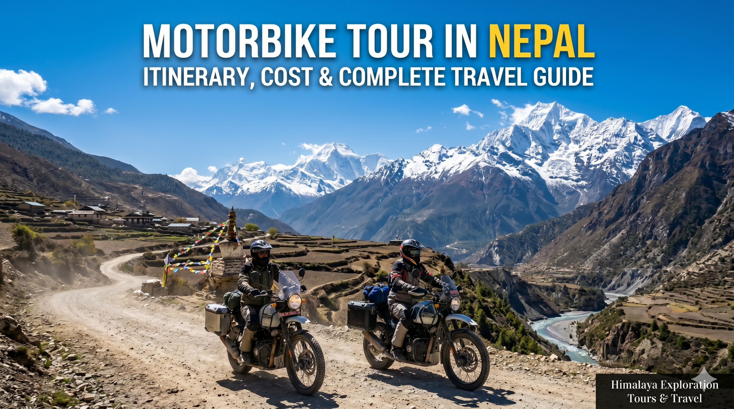 Two adventure riders on a motorbike tour in Nepal with the scenic, snow-capped Himalayan mountains and a winding dirt road in the background.